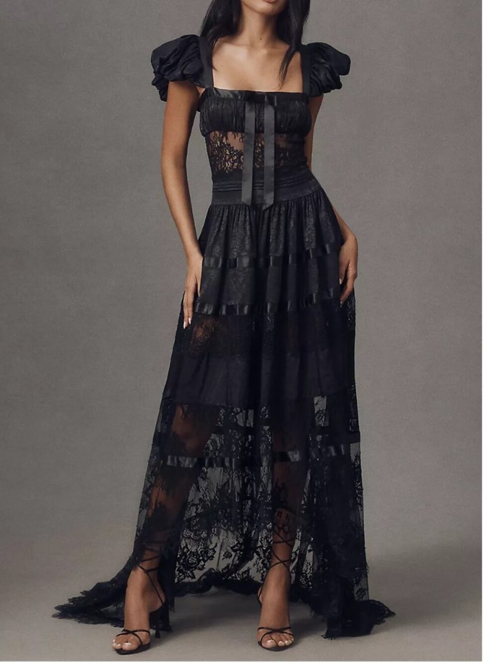 NEW $749 FOR LOVE AND LEMONS ANABELLE PUFF SLEEVE MAXI DRESS IN BLACK SIZE 4